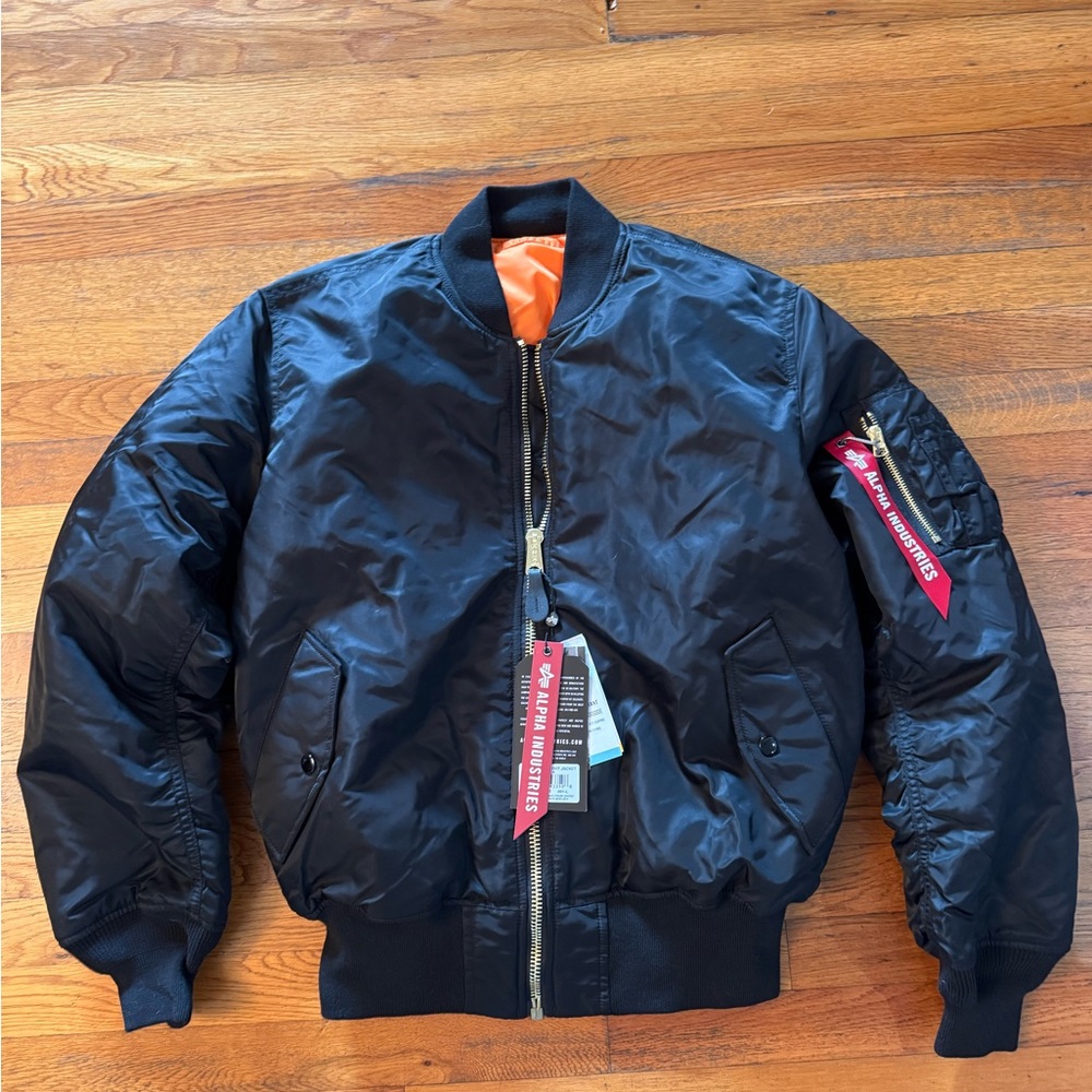 Alpha Industries Black Bomber Jacket with Orange Lining - reversible. NWT size L